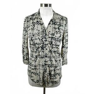 Verve Ami Womens Stretch Polyester 3/4 Sleeve Button Up Black Ivory Shirt Small